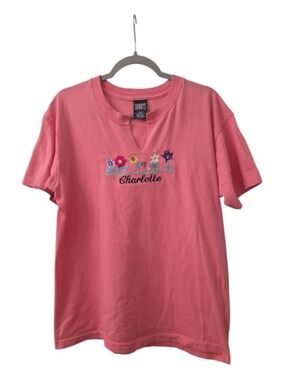 Sherry's Best Vintage Y2K Pink Embroidered Charlotte Floral V-Neck T-Shirt Large